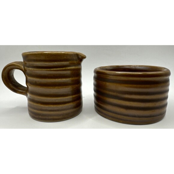 Vintage Hall Ringware Pottery Sugar & Creamer Set Brown Coffee Tea Marked USA - Picture 1 of 5
